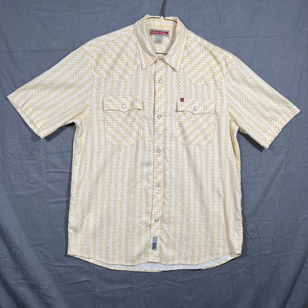 VTG Quiksilver Shirt Mens M White Pearl Snap Western AOP Logo Billabong Surf Y2K